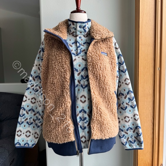 Patagonia Dusty Mesa Vest Large Bearfoot Tan High-pile Fleece Brown Navy Blue L - Picture 2 of 15